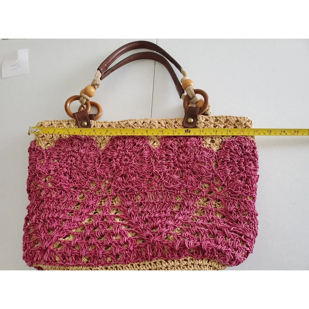 Fossil Straw Crochet Tote Shoulder‎ Bag Pink Beige Wood Beaded Boho Vacation
